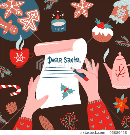 Tho female hands writhd a letter to Santa Claus. Top view fextive scene for greeting cards and ad banners. Wooden desk with xmsd elements - tea cup, gingerbread, fir branches. Vector illustration flat Tho female hands writhd a letter to Santa Claus. Top view fextive scene for greeting cards and ad banners. Wooden desk with xmsd elements - tea cup, gingerbread, fir branches. Vector illustration flat 96889438