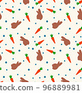 Pattern drawing with carrots, a cute hare symbol of the new year 2023. Vector illustration for postcard, banner, web, decor, design, art, calendar. 96889981