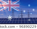 Australian flag with electric towers and solar panels. Energy supply in Australia. Energy crisis 96890229