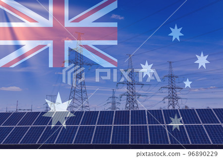 Australian flag with electric towers and solar panels. Energy supply in Australia. Energy crisis Australian flag with electric towers and solar panels. Energy supply in Australia. Energy crisis 96890229