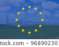 EU flag with electric tower and lines. Energy crisis in Europe. European Union high energy prices 96890230