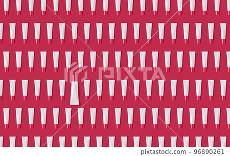 Creative seamless pattern of pink and white cosmetic tubes. Toned image in trendy magenta color of year 2023. Cosmetics, skin care, beauty, body treatment concept. Flat lay style. Top view. Mock-up. 96890261