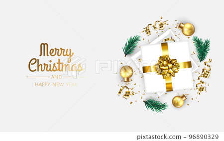 Merry Christmas and Happy New Year. Xmas Festive background with realistic 3d objects, gift box, gold balls. Merry Christmas and Happy New Year. Xmas Festive background with realistic 3d objects, gift box, gold balls. 96890329