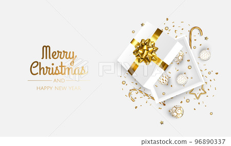 Merry Christmas and Happy New Year. Xmas Festive background with realistic 3d objects, gift box, gold and white balls. Merry Christmas and Happy New Year. Xmas Festive background with realistic 3d objects, gift box, gold and white balls. 96890337