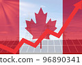 Rising arrow against Canada flag with electric towers and solar panels. Energy supply in Canada 96890341