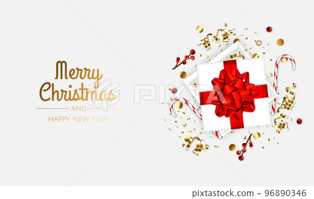 Merry Christmas and Happy New Year. Xmas Festive background with realistic 3d objects, gift box, gold and white balls. 96890346