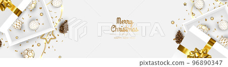 Christmas banner. Xmas background design with realistic christmas ball and golden confetti glitter. 96890347
