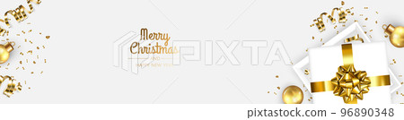 Christmas banner. Xmas background design with realistic christmas ball and golden confetti glitter. Christmas banner. Xmas background design with realistic christmas ball and golden confetti glitter. 96890348