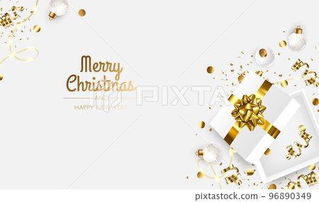 Merry Christmas and Happy New Year. Xmas Festive background with realistic 3d objects, gift box, gold and white balls. Merry Christmas and Happy New Year. Xmas Festive background with realistic 3d objects, gift box, gold and white balls. 96890349