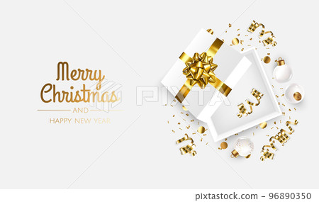 Merry Christmas and Happy New Year. Xmas Festive background with realistic 3d objects, gift box, blue and white balls. 96890350