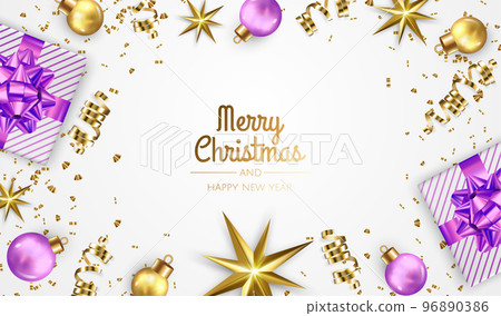 Merry Christmas and Happy New Year poster or banner with white gift box, christmas ball and gold christmas element 96890386