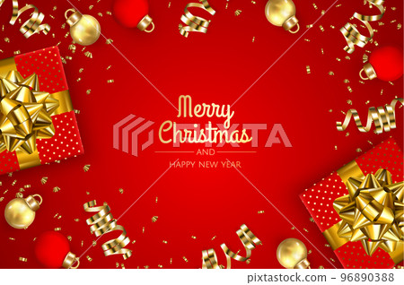Happy New Year and Merry Christmas. Christmas holiday background with realistic 3d object, christmas balls, gifts. 96890388