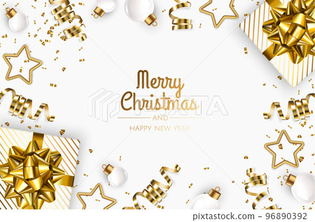Merry Christmas and Happy New Year poster or banner with white gift box, christmas ball and gold christmas element 96890392