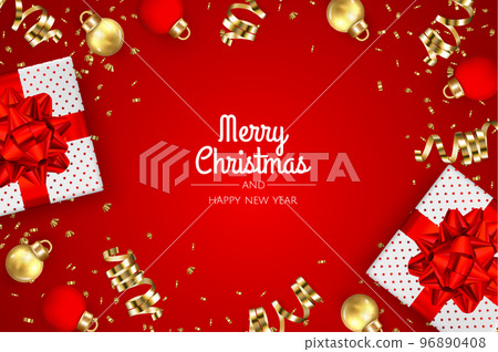 Merry Christmas and Happy New Year poster or banner with white gift box, christmas ball and gold christmas element 96890408