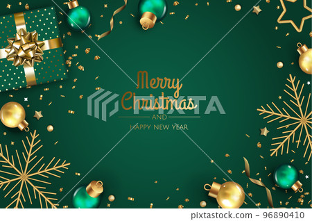 Happy New Year and Merry Christmas. Christmas holiday background with realistic 3d object, christmas balls, gifts. 96890410