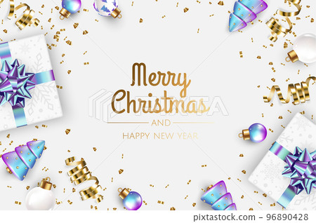 Merry Christmas and Happy New Year poster or banner with white gift box, christmas ball and gold christmas element 96890428