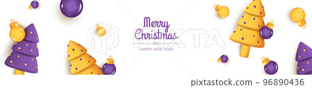 Merry Christmas and Happy New Year. Christmas background design, Christmas trees, decorative balls, gift. Festive gift card, holiday poster, web banner, website header 96890436