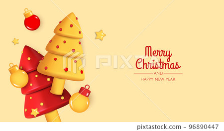 Happy New Year and Merry Christmas. Christmas holiday background with realistic 3d object, christmas balls, conical christmasl tree. Levitation falling design composition 96890447