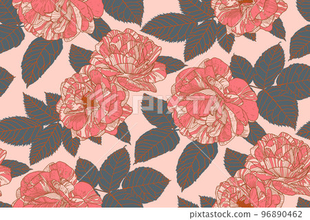 Floral repeating pattern of roses and leaves in coral, pink, dark grey colors with bronze outline. Wallpaper design for textiles, papers, prints, fashion, card background, beauty products. 96890462