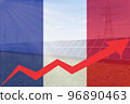 Rising arrow on France flag with electric towers and solar panels. Electricity price growth 96890463
