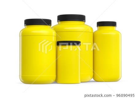 Set of yellow plastic jar for sport nutrition protein powder isolated on white Set of yellow plastic jar for sport nutrition protein powder isolated on white 96890495
