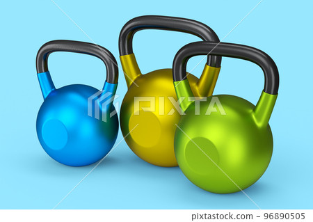 Set of gym kettlebells for workout isolated on blue background Set of gym kettlebells for workout isolated on blue background 96890505