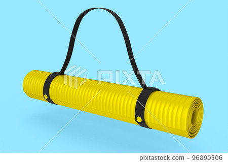 Yellow yoga mat or lightweight foam camping bed roll pad isolated on blue . Yellow yoga mat or lightweight foam camping bed roll pad isolated on blue . 96890506