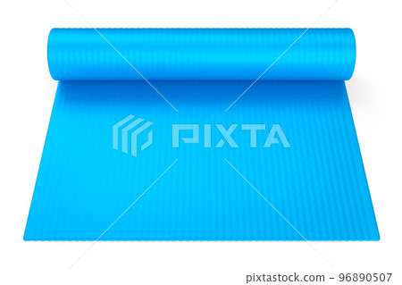 Blue yoga mat or lightweight foam camping bed roll pad isolated on white. Blue yoga mat or lightweight foam camping bed roll pad isolated on white. 96890507