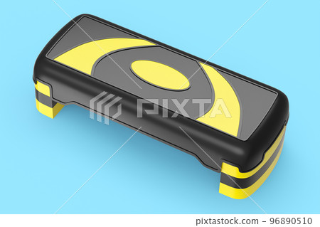 Stepper for fitness and yellow step platform for aerobics isolated on blue Stepper for fitness and yellow step platform for aerobics isolated on blue 96890510