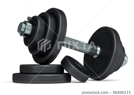 Metal dumbbell with black disks isolated on white background Metal dumbbell with black disks isolated on white background 96890515