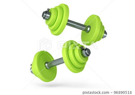 Pair of dumbbells with green disks isolated on white background Pair of dumbbells with green disks isolated on white background 96890518