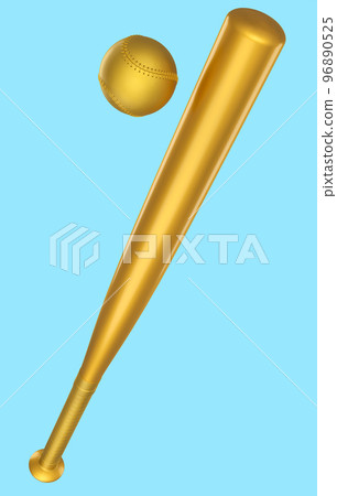 Gold professional softball or baseball bat and ball isolated on blue. Gold professional softball or baseball bat and ball isolated on blue. 96890525