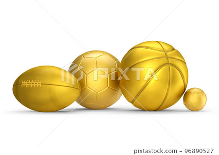 Set of gold ball like basketball, american football and golf isolated on white Set of gold ball like basketball, american football and golf isolated on white 96890527
