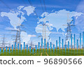 Transmission towers and raising sparkline chart representing electricity prices growth 96890566