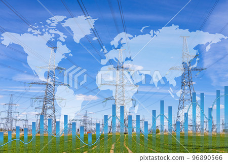Transmission towers and raising sparkline chart representing electricity prices growth 96890566