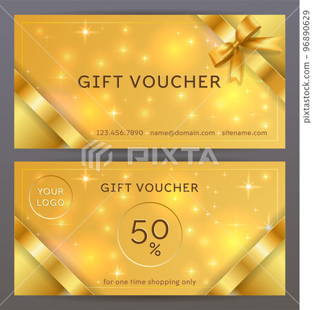 Vector set of front and back sides of luxury gift voucher with golden ribbons, bows. Isolated Elegant sparkling, shining template for holiday gift card, coupon and certificate. Place for logo 96890629