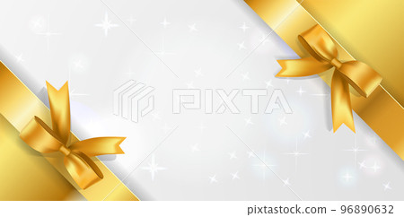 Horizontal background with white sparkling center and Golden corner ribbons with Bows.. Golden stars background with satin bow decoration border. Vector Concept for Coupon, event, festival, party, 96890632