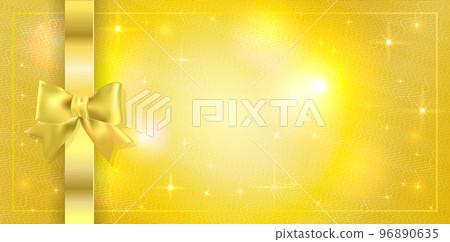 Volume template of Golden ticket, Gift Certificate, Gift Voucher. Holiday reward card design with sparkles stars on golden background tied with ribbon with gold bow. Vector Concept for Coupon, event 96890635