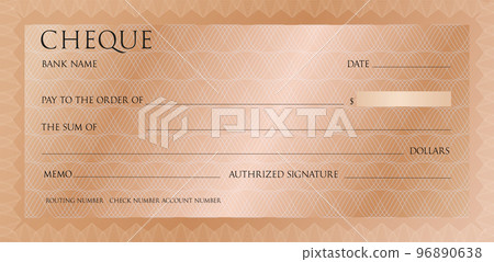 Luxury pink gold cheque template with vintage guilloche. Bronze Check, checkbook template pattern with watermark. Background for banknote design, gift certificate, voucher, coupon, ticket 96890638