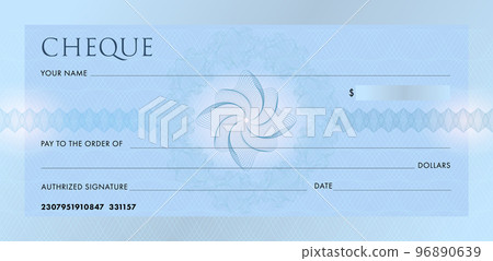 Check template, Chequebook template. Blank blue business bank cheque with guilloche pattern rosette and abstract watermark. Background for voucher, banknote design, , gift certificate, ticket, coupon Check template, Chequebook template. Blank blue business bank cheque with guilloche pattern rosette and abstract watermark. Background for voucher, banknote design, , gift certificate, ticket, coupon 96890639
