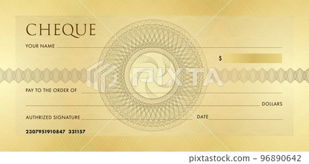 Check template, Chequebook template. Blank gold business bank cheque with guilloche pattern rosette and abstract watermark. Background for voucher, banknote design, , gift certificate, ticket, coupon Check template, Chequebook template. Blank gold business bank cheque with guilloche pattern rosette and abstract watermark. Background for voucher, banknote design, , gift certificate, ticket, coupon 96890642
