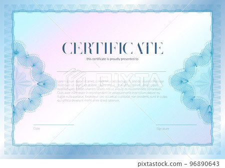 Horizontal certificate with guilloche and watermark vector template design. Diploma design graduation, award, success. Award background. Light Blue Gift voucher with Guilloche pattern rosette . Horizontal certificate with guilloche and watermark vector template design. Diploma design graduation, award, success. Award background. Light Blue Gift voucher with Guilloche pattern rosette . 96890643
