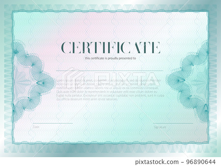 Horizontal certificate with guilloche and watermark vector template design. Diploma design graduation, award, success. Award background. Turquoise Gift voucher with Guilloche pattern rosette . Horizontal certificate with guilloche and watermark vector template design. Diploma design graduation, award, success. Award background. Turquoise Gift voucher with Guilloche pattern rosette . 96890644