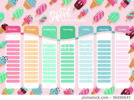 Template school timetable. Illustration includes hand drawn cartoon dinosaur characters. Seven rainbow columns to fill. Education design hand drawn doodle flat color illustration 96890645