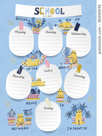 Vertical A4 Schedule for kids in the form of board training and stickers with space for notes. School timetable,weekly schedule vector template with cute cartoon cats, plants with english prepositions 96890646