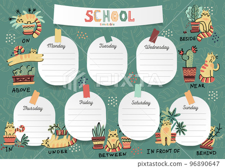 Schedule for the student in the form of board training and stickers with space for notes. School timetable, weekly schedule vector template with cute cartoon cats and plants with english prepositions Schedule for the student in the form of board training and stickers with space for notes. School timetable, weekly schedule vector template with cute cartoon cats and plants with english prepositions 96890647