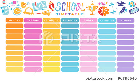 School Timetable, a weekly curriculum design template, scalable vector graphic with gradient transition. Vector Template School planning for pupils with supplies. hand drawn flat color illustration School Timetable, a weekly curriculum design template, scalable vector graphic with gradient transition. Vector Template School planning for pupils with supplies. hand drawn flat color illustration 96890649
