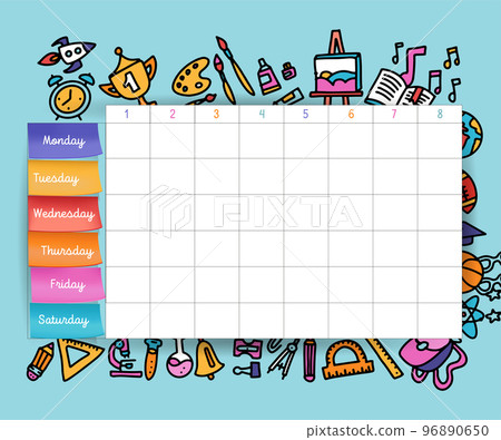 Calendar schedule with stickers. School planning or scheduling work. Vector volume illustration. Vector Template School timetable for students and pupils. hand drawn elements of school supplies. 96890650