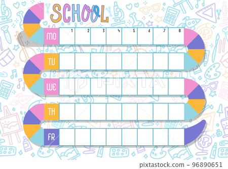 Weekly planner. Multicolored vector schedule. School Timetable of lessons for students with snake track. Children design, Vector School weekly planning. School supplies hand drawn doodle illustration 96890651