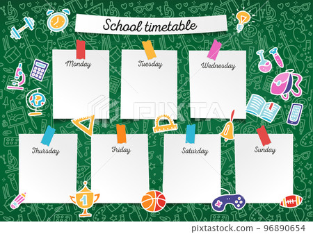 Template school timetable for students and pupils. Vector colorful line Illustration includes many hand drawn elements of school supplies and chalkboard background space theme. 96890654